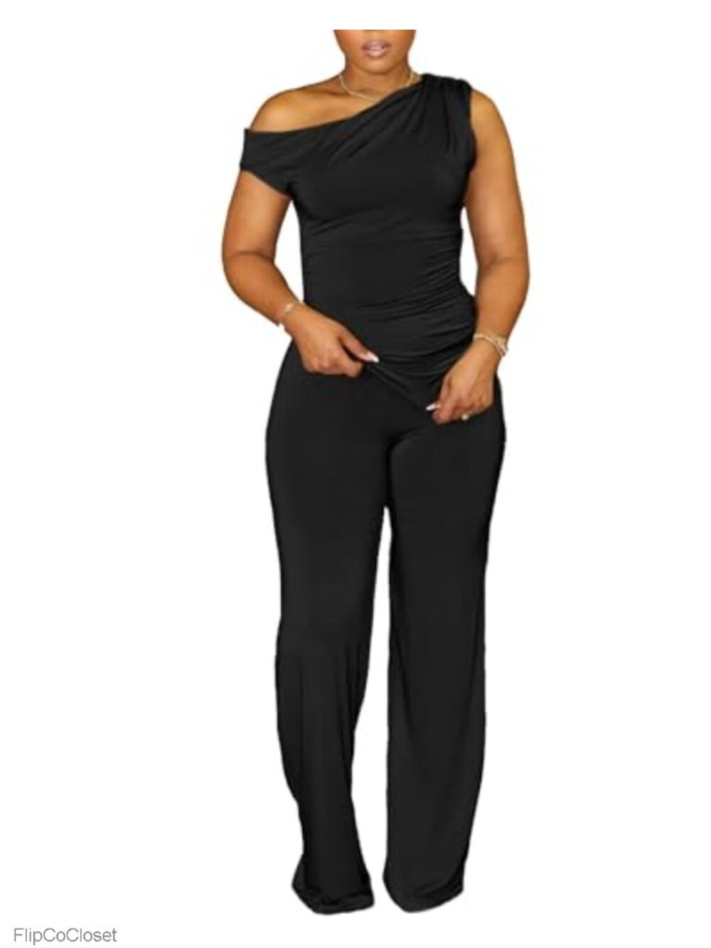 Women 2 Piece One Shoulder Ruched Wide Leg Pant Set Club Party Outfit